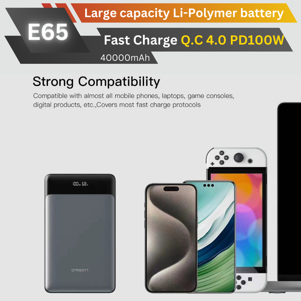 ใหม่! E65 Powerbank 40000mAh Fast Charge QC4.0 PD 100W สินค้าส่งฟรี!