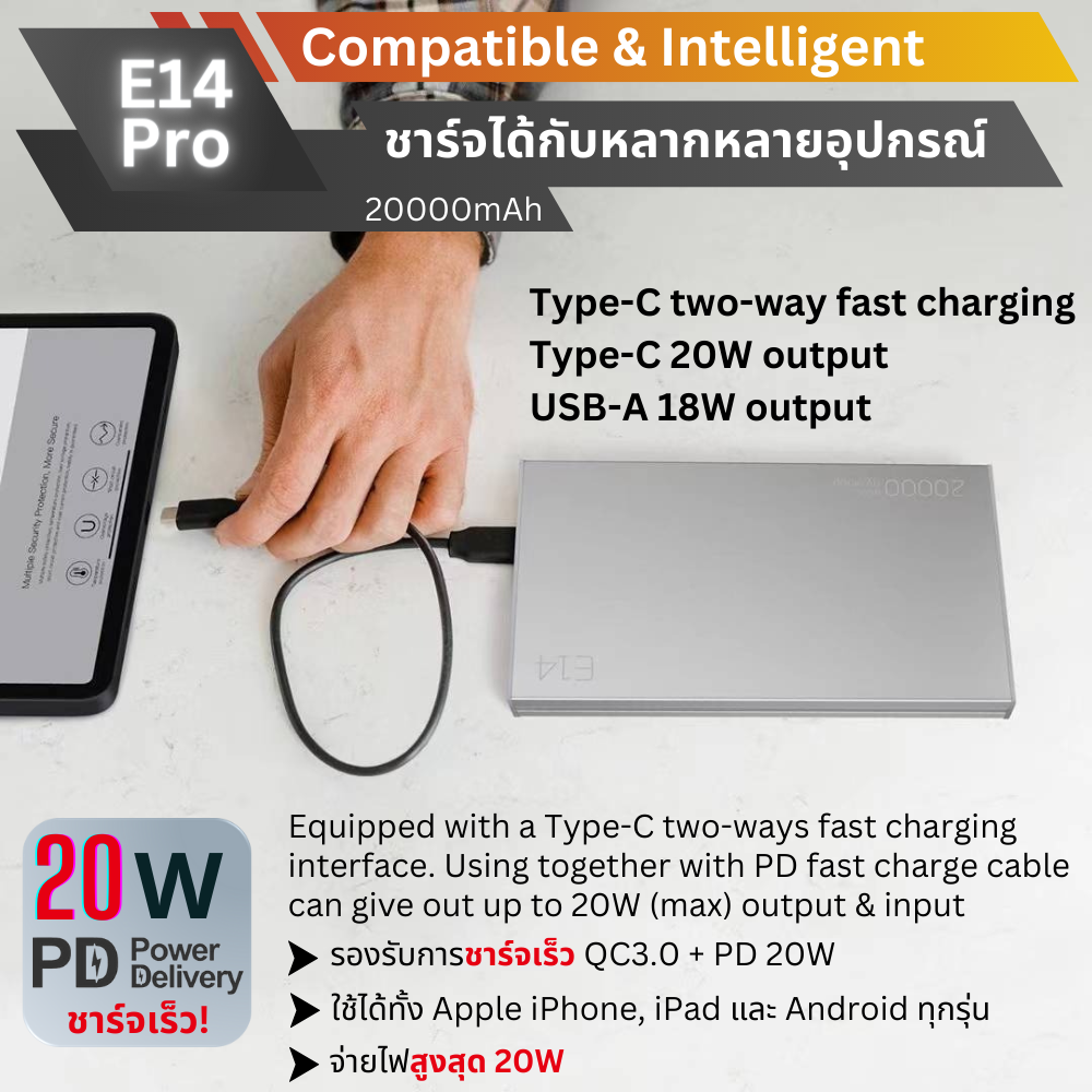 ใหม่ upgrade! E14 PRO 20000mAh PD 20W สีเงิน / Silver แถมซอง & สายชาร์จ จัดส่งฟรี!