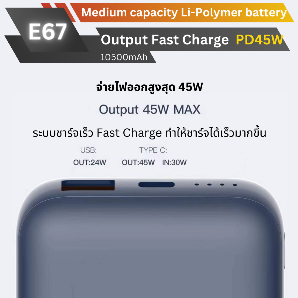 ใหม่! E67 Powerbank 10500mAh Fast Charge PD 45W สินค้าส่งฟรี!