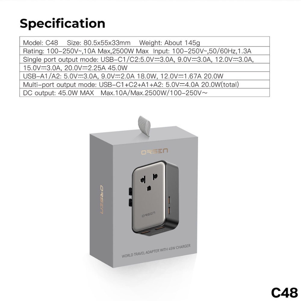 World Travel Adapter C48 Fast Charge PD QC 45W