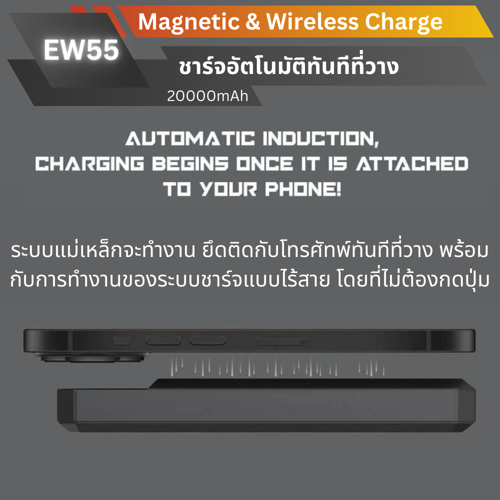 MagSafe! EW55 Magnetic Powerbank 20000mAh Fast charge PD 20W สีเทา Grey