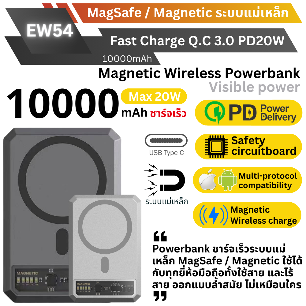 ใหม่ MagSafe! EW54 Magnetic Powerbank 10000mAh Fast charge PD 20W จัดส่งฟรี!