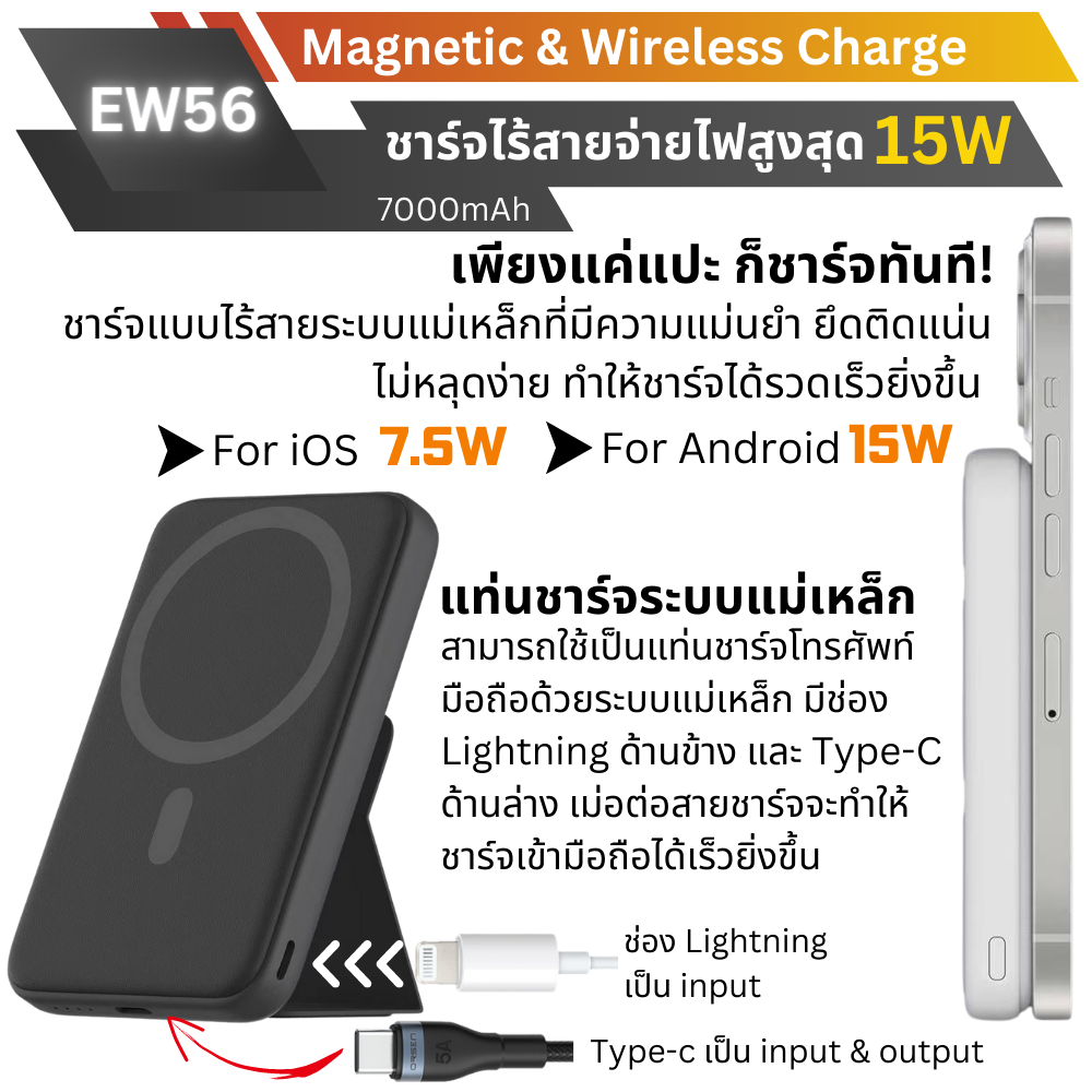 ใหม่ MagSafe! EW56 Magnetic Powerbank 7000mAh Fast charge PD 20W จัดส่งฟรี!