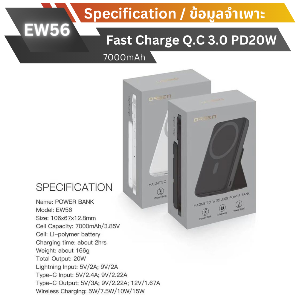ใหม่ MagSafe! EW56 Magnetic Powerbank 7000mAh Fast charge PD 20W สีขาว White