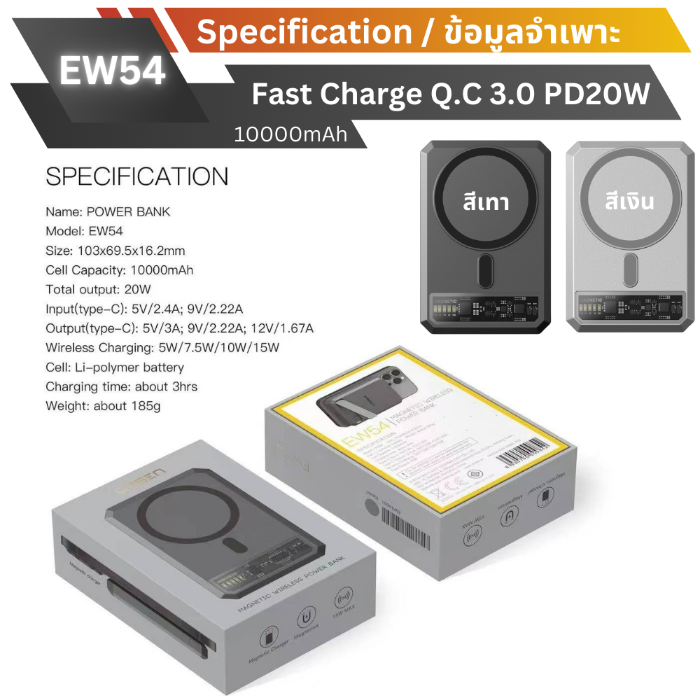 ใหม่ MagSafe! EW54 Magnetic Powerbank 10000mAh Fast charge PD 20W จัดส่งฟรี!