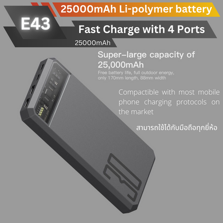 ใหม่ upgrade! E43 Powerbank 25000mAh Fast Charge QC3.0 PD 30W สินค้าส่งฟรี!