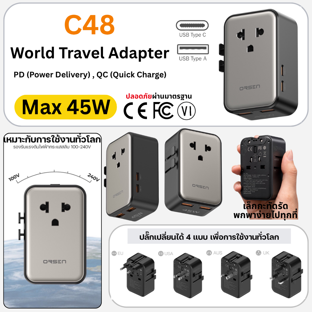 World Travel Adapter C48 Fast Charge PD QC 45W