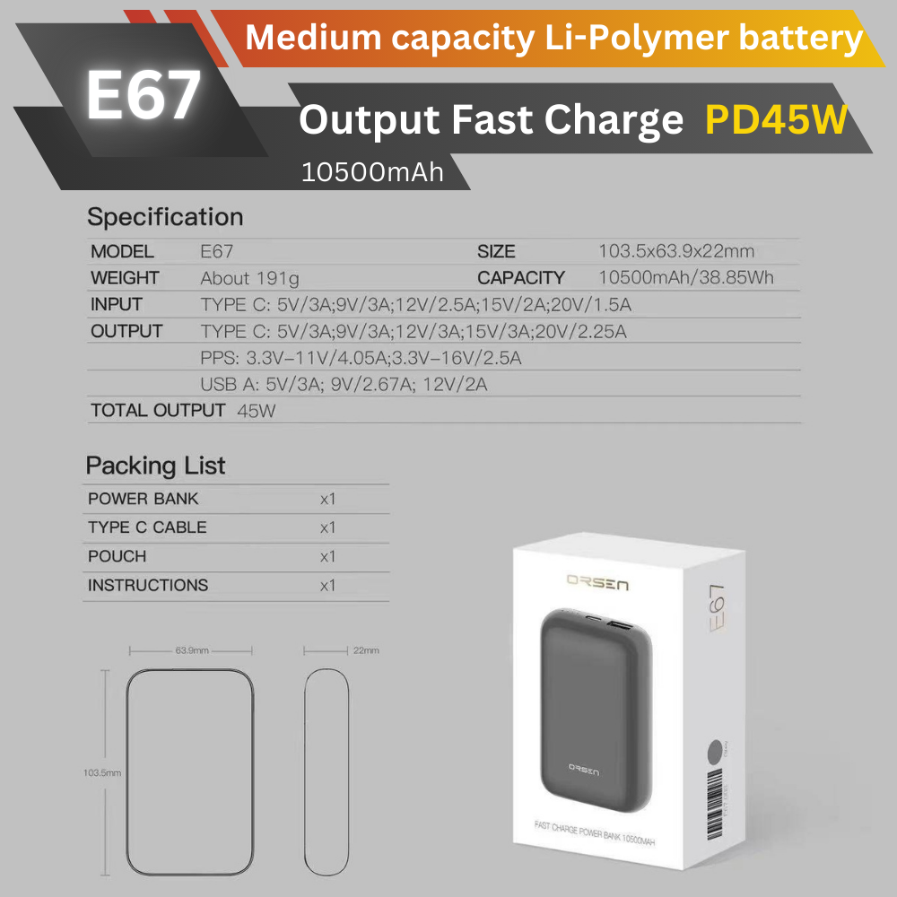 ใหม่! E67 Powerbank 10500mAh Fast Charge PD 45W สินค้าส่งฟรี!