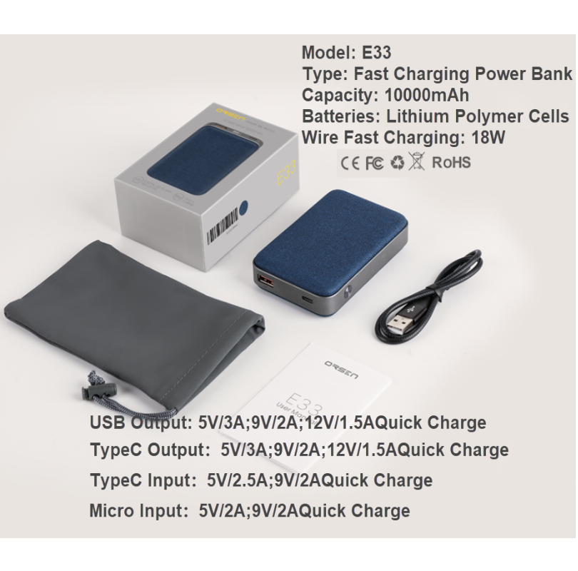 ใหม่! E33 10000 mAh สีดำ / Black แถมซอง & สายชาร์จ ส่งฟรี Kerry Express & EMS!